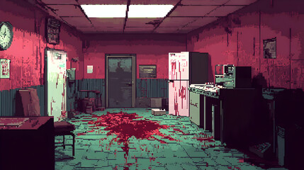 Disturbing Pixel Art of a Red Blood Spattered Office Interior in a Horror Themed Scene with Retro Vintage Style