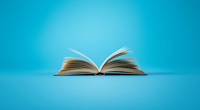 An open book with pages turning, symbolizing the learning process against a blue background.Concept World Book Day