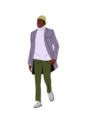 Stylish young black man wearing autumn street fashion outfit. handsome african american guy in smart casual warm clothes. Vector realistic illustrations isolated