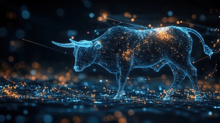 Rising financial arrows intertwining with a holographic bull