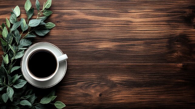 Top view flat lay of wooden table with coffee and green plant on dark brown wood texture. Product display mockup with natural rustic backdrop for branding and design.