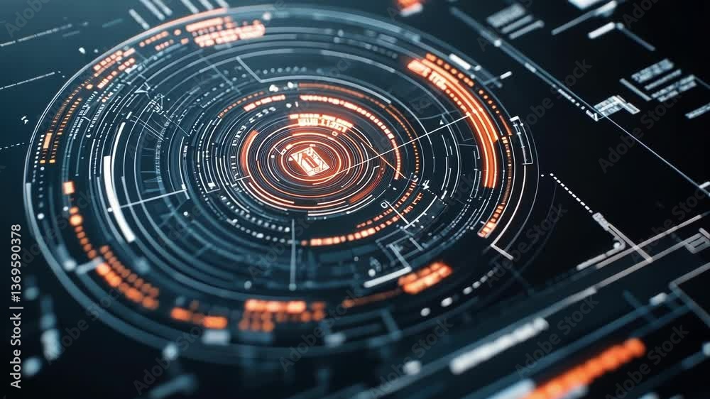 Poster futuristic head up display - hud - showcasing loading status with a prominent orange and blue circul