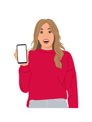 Pretty woman showing mobile phone screen. Casual female character holding smartphone with blank screen. Phone mockup, advertising. Flat vector cartoon illustration isolated