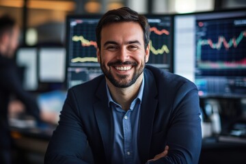 Obraz premium Portrait of a Confident Trader: A smiling male trader, radiating confidence, captured in a professional setting with computer screens displaying financial data.