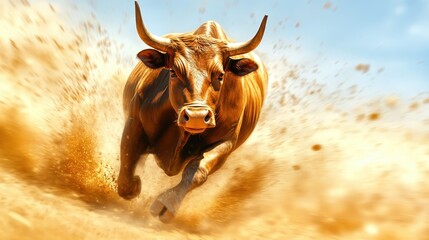 Golden trendlines merging into a galloping bull, selective focus, focus on optimistic investment strategies, realistic, overlay, backdrop of a clear blue horizon