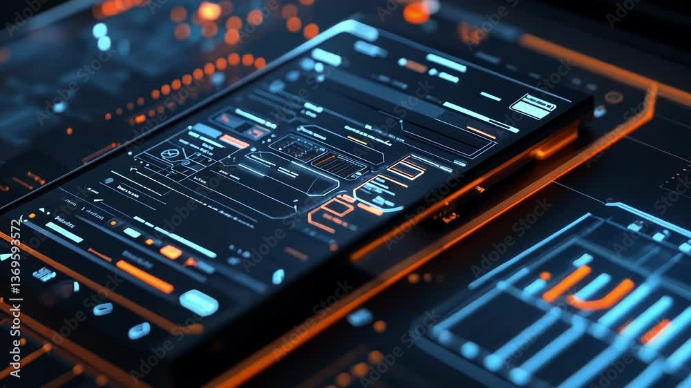Poster futuristic glowing holographic interface displaying complex data analysis, charts, and graphs in a d