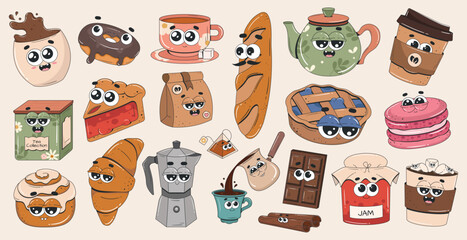 Obraz premium Big collection of cartoon groovy food and drink characters. Retro stickers set. Donut, chocolate, coffee, kettle, croissant, cookie, macaroon, baguette, jam, pie. Coffee shop and cafe patches