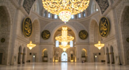 Obraz premium Grand Mosque Interior Warm Light Gleaming Chandeliers. AI Generated