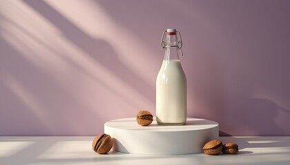 Obraz premium Elegant Still Life of Milk Bottle and Walnuts Against a Soft Lighted Background