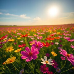 Fototapeta premium Vibrant cosmos flowers blooming in a vast field under a sunny sky, landscape, texture, nature