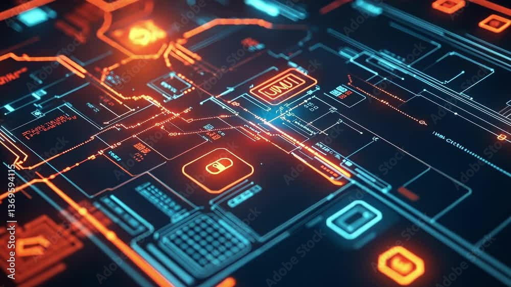 Aufkleber complex network of digital circuits and glowing icons safeguards data flow on a futuristic computer 