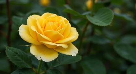 Vibrant yellow rose blossoms softly in dappled sunlight showcasing rich color saturation and gentle bokeh.. AI Generated