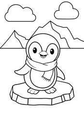 Cute penguin coloring page with scarf, standing on ice with mountains and clouds in the background.