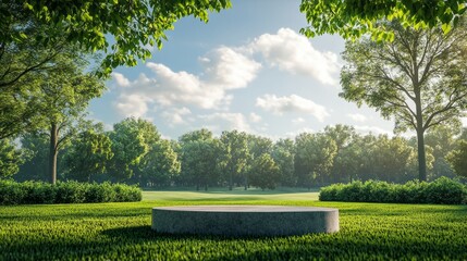 Fototapeta premium Empty podium on a grassy field with a cloudless blue sky and trees lining the far edge of the field