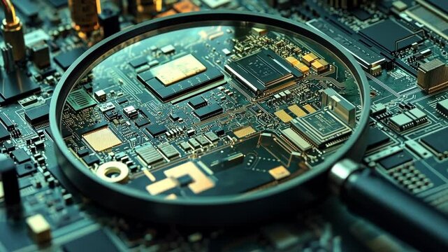 An intricate network of circuit boards and microchips is shown under a magnifying lens revealing minute modifications with tiny wires connecting to a concealed device suggesting the