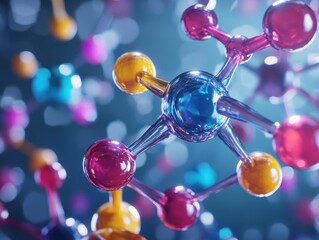 Molecular Marvel: Vibrant molecular structure in an abstract design, showcasing complex arrangement with a stunning array of colors and patterns. Evoking the essence of science and innovation.