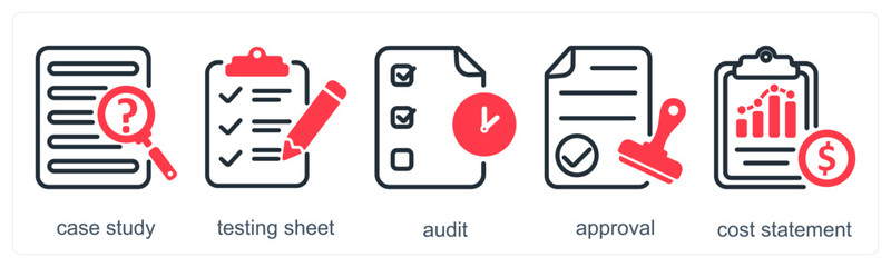 A set of 5 business icons as case study, testing sheet, audit