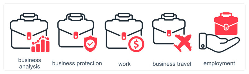 A set of 5 business icons as business analysis, business protection, work