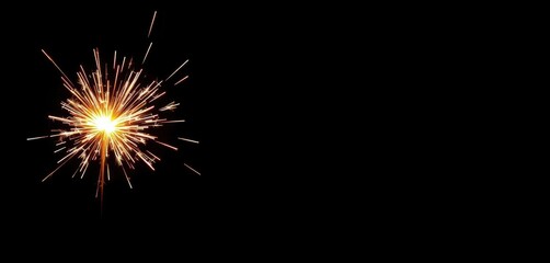 A single burning sparkler against a pure black background, emitting bright, fiery sparks, sparkler, festive, incandescent