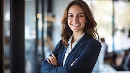 Confident Businesswoman Smiling with Arms Crossed in Office Setting