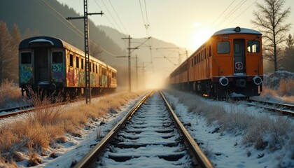Fototapeta premium Atmospheric Railroad Scene: Two Distinct Trains on Snowy Tracks, Evoking a Sense of Abandonment and the Passage of Time