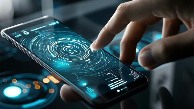 Closeup of a hand holding a smartphone with a finger poised over a digital security icon that represents enabling or disabling an alarm system symbolizing user control over home protection.