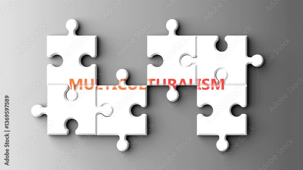 Aufkleber Multiculturalism as a complex topic - pictured as word multiculturalism on a puzzle pieces to show that multiculturalism is a composite subject. Solving a puzzle.