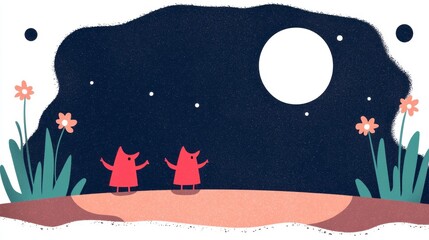 Obraz premium Two Red Figures Dancing Under a Bright Moon at Night