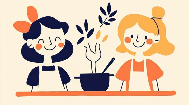 Two Smiling Young Women Cooking Together in a Cream Background
