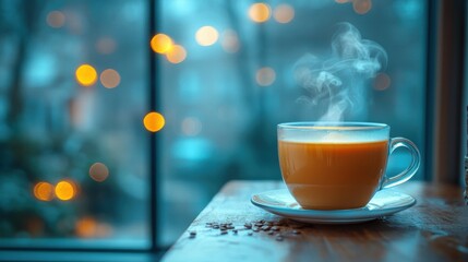 Obraz premium Warm cup of steaming tea placed on wooden table in cozy cafe during afternoon hours