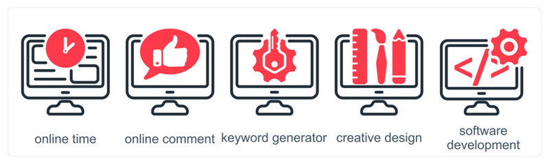 A set of 5 business icons as online time, online comment, keyword generator
