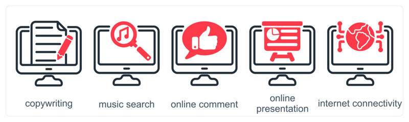 A set of 5 business icons as copywriting, music search, online comment
