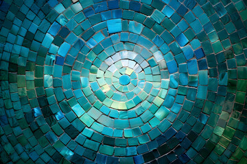 A vibrant mosaic design featuring shades of blue arranged in a circular pattern.