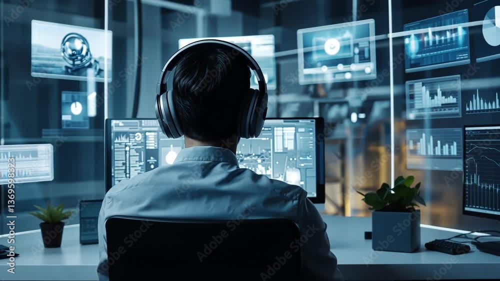 Fototapete Software developer with headphones working on computer in modern office with multiple augmented reality screens displaying various data and information for cybersecurity and big data analysis