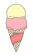 Two scoops of Ice cream served on a waffle cone in pastel color style vector illustration