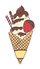 A cute cartoon vanilla soft serve ice cream cone drizzled with rich chocolate syrup, decorated with strawberry and wafer rolls