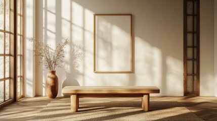 Warmly lit minimalist room featuring wood bench and artwork