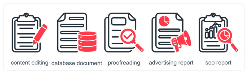 Fototapeta premium A set of 5 business icons as content editing, database document, proofreading
