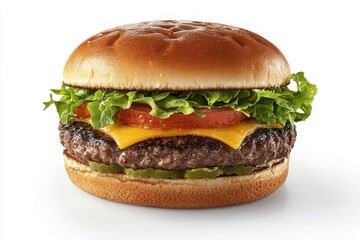 Delicious cheeseburger with lettuce, tomato, and pickles on a sesame bun