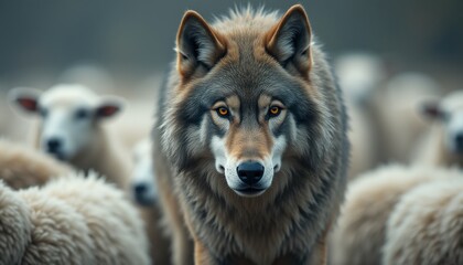 Obraz premium Wolf in Sheep's Clothing: A cinematic portrait of a predator among prey, with sharp detail and striking contrast