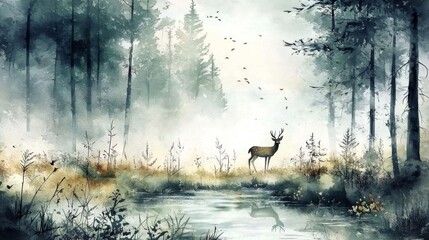 The ethereal beauty of a lone deer amidst the morning fog.