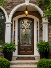 A welcoming entrance featuring a stained glass door and lush greenery in planters.