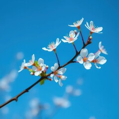 Delicate white blossoms on a slender branch, vibrant against a clear blue sky, blue, background