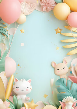 A whimsical illustration featuring cute animals, balloons, and tropical leaves in pastel colors.