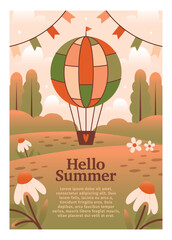 Vertical summer banner template with landscape, air balloon, flowers, bunting flags. Flyer design with text. Cute vector illustration with nature scene, rural view, trees.	
