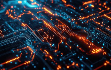 Urban circuit board lights illuminate the dark, abstract technology of a city skyline