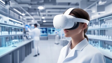 Organic food, images of vegetables, fruits, unprocessed foods, Woman Scientist Using VR Headset in Modern Lab