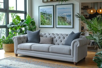 Fototapeta premium Elegant gray sofa in a modern living room with lush green plants