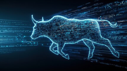 Abstract data symbols merging into the silhouette of a running bull, copy space, focus on innovative market growth, futuristic, overlay, backdrop of a sleek virtual office