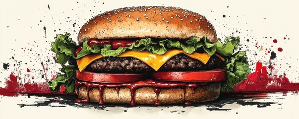 Artistic rendition of a vibrant cheeseburger with tasty ingredients